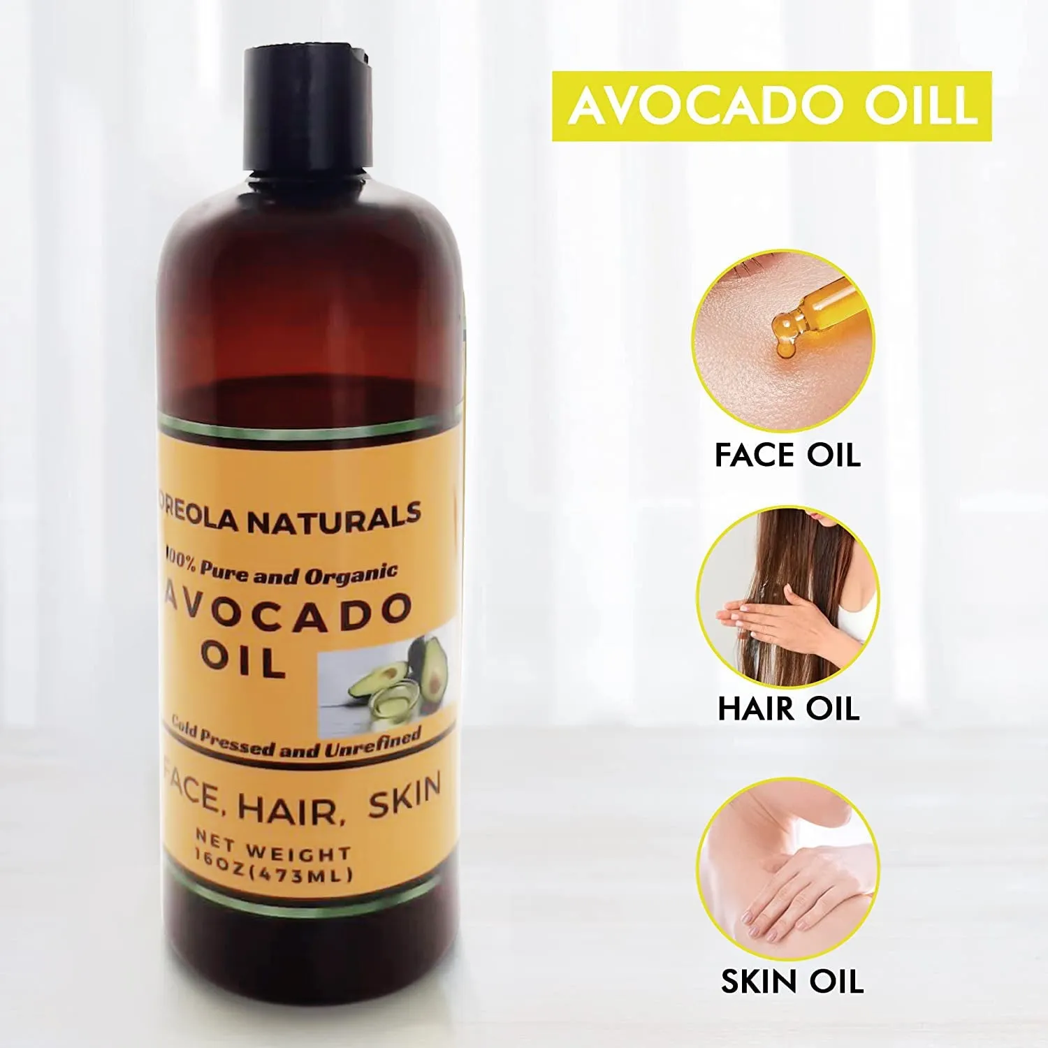 Avocado Oil -100% Pure and Natural, Cold-Pressed and Unrefined 16oz/ 473 ml Ideal for Skin, Hair, Massage and DIY Projects by Oreola Naturals